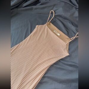 Forever 21 Tan / Beige White Striped Mid / Maxi Dress Small Like New / NWOT